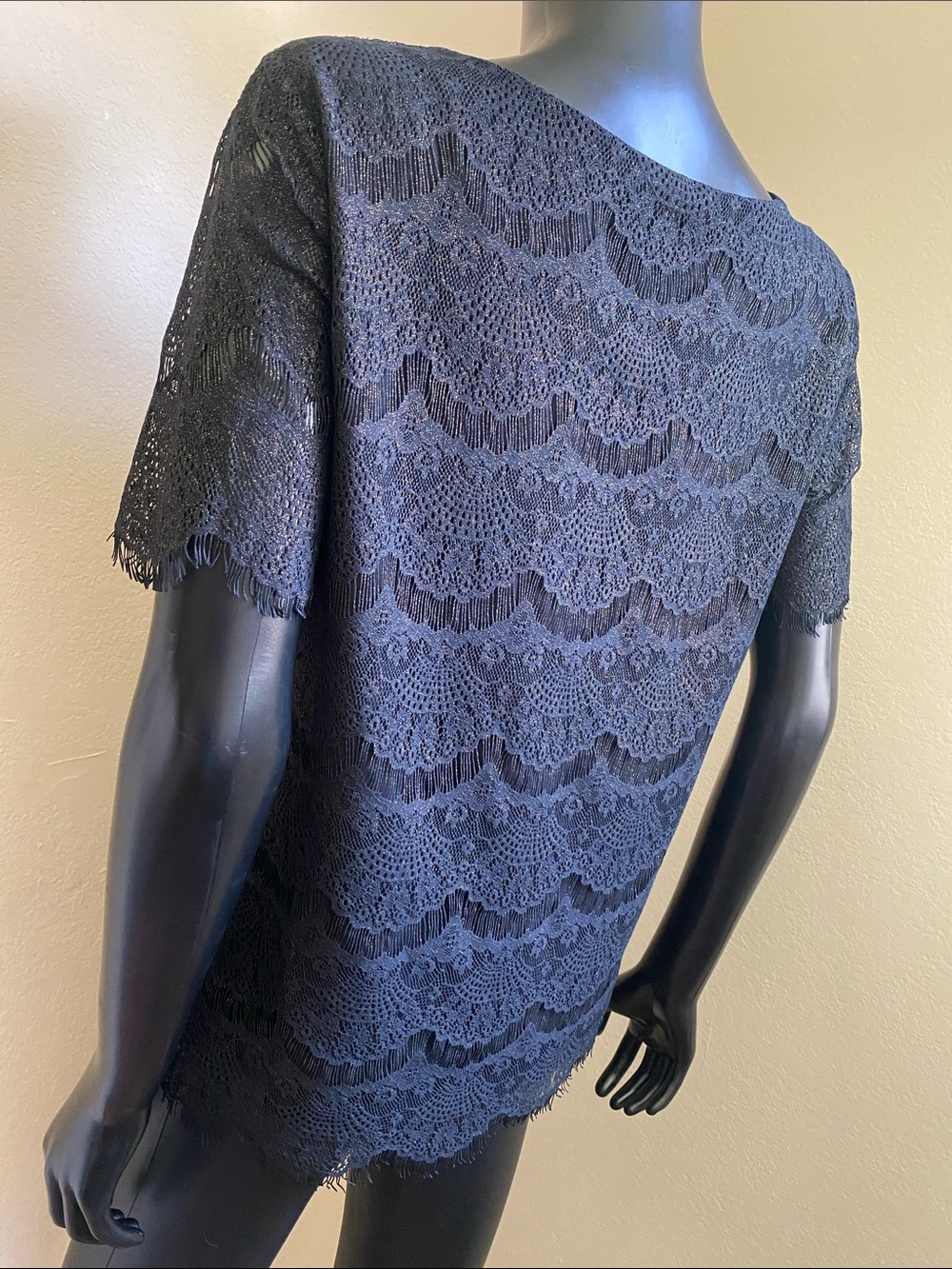 J. Crew Glittery Black Lace Short Sleeve Scoop Neck Top - Picture 6 of 11